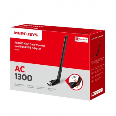 Adaptor wireless Mercusys MA30H, AC1300 Dual-Band Wi-Fi, USB, antena, negru